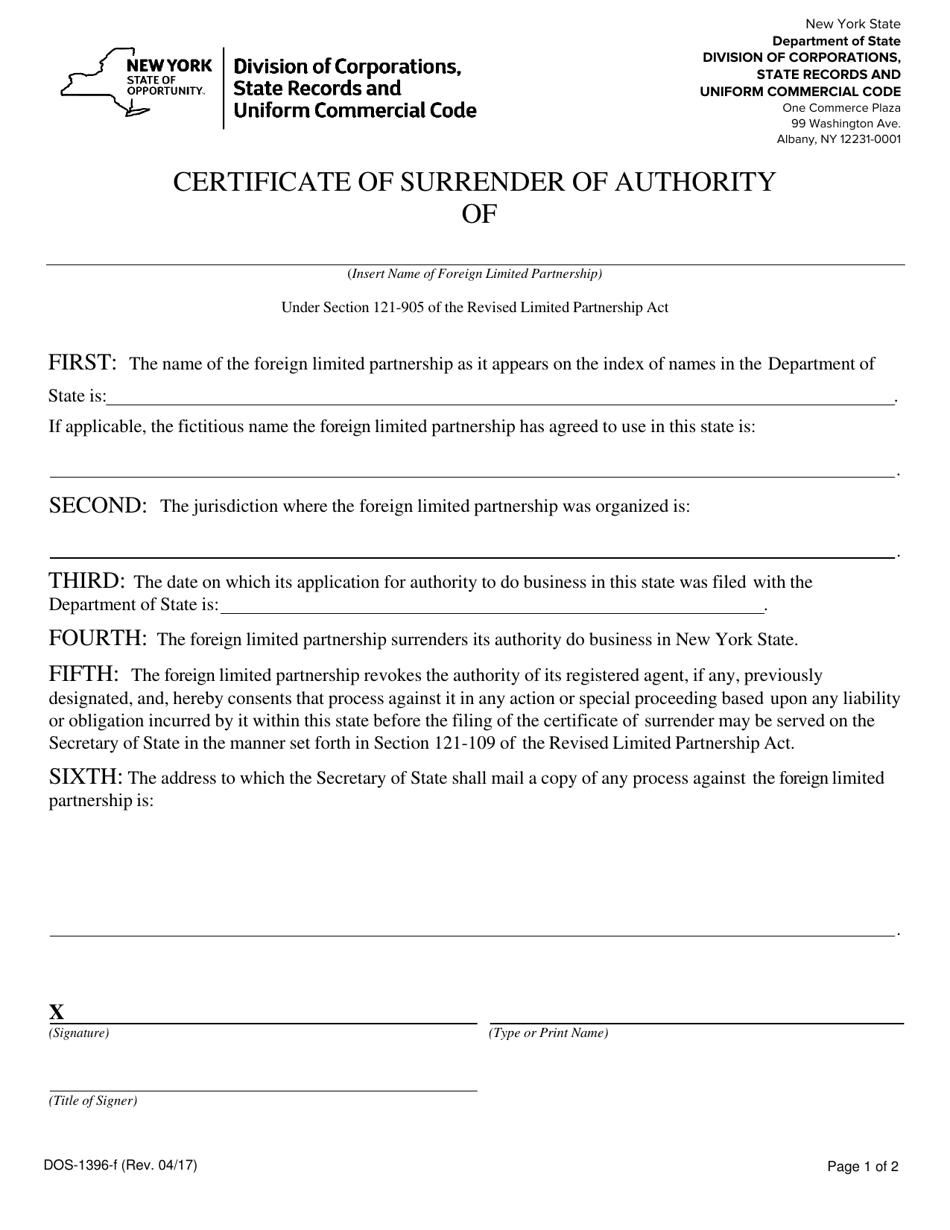 Form DOS-1396-F Foreign Limited Partnership Certificate of Surrender of Authority - New York, Page 1