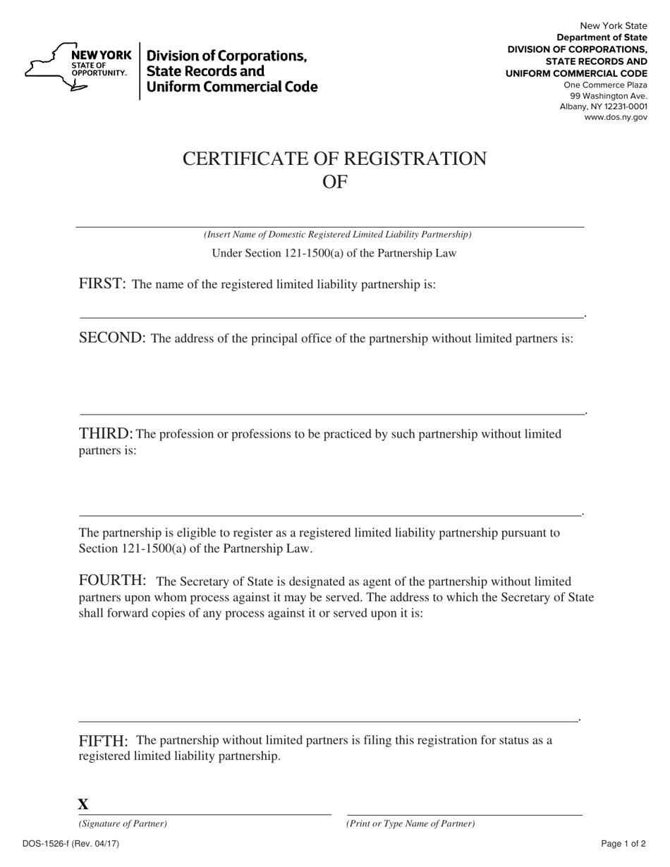 Form DOS-1526-F Certificate of Registration - New York, Page 1