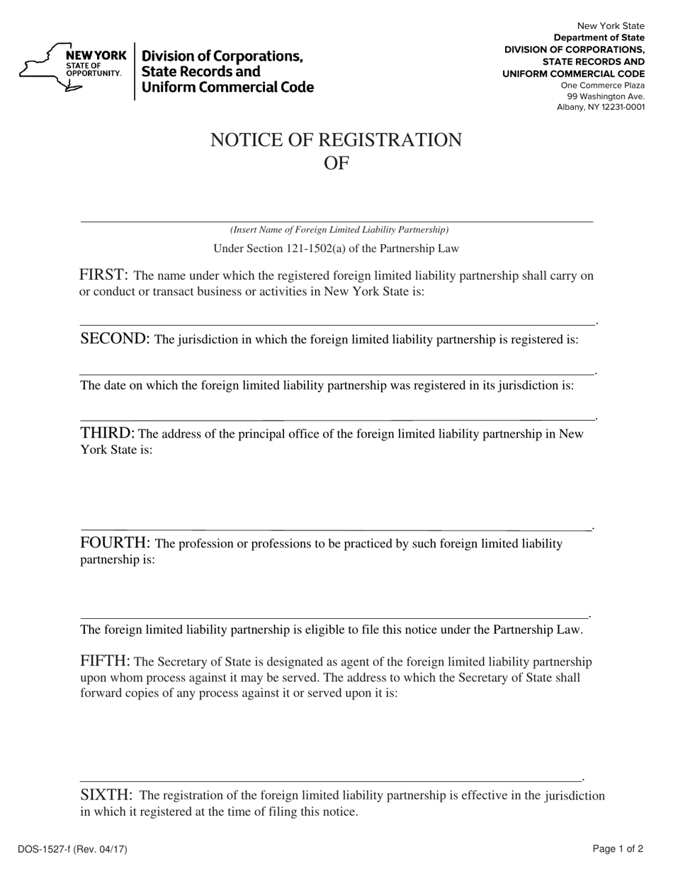 Form DOS-1527-F Notice of Registration - New York, Page 1