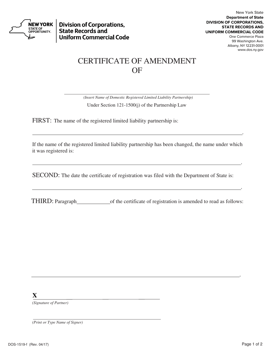 Form DOS-1519-F Certificate of Amendment - New York, Page 1