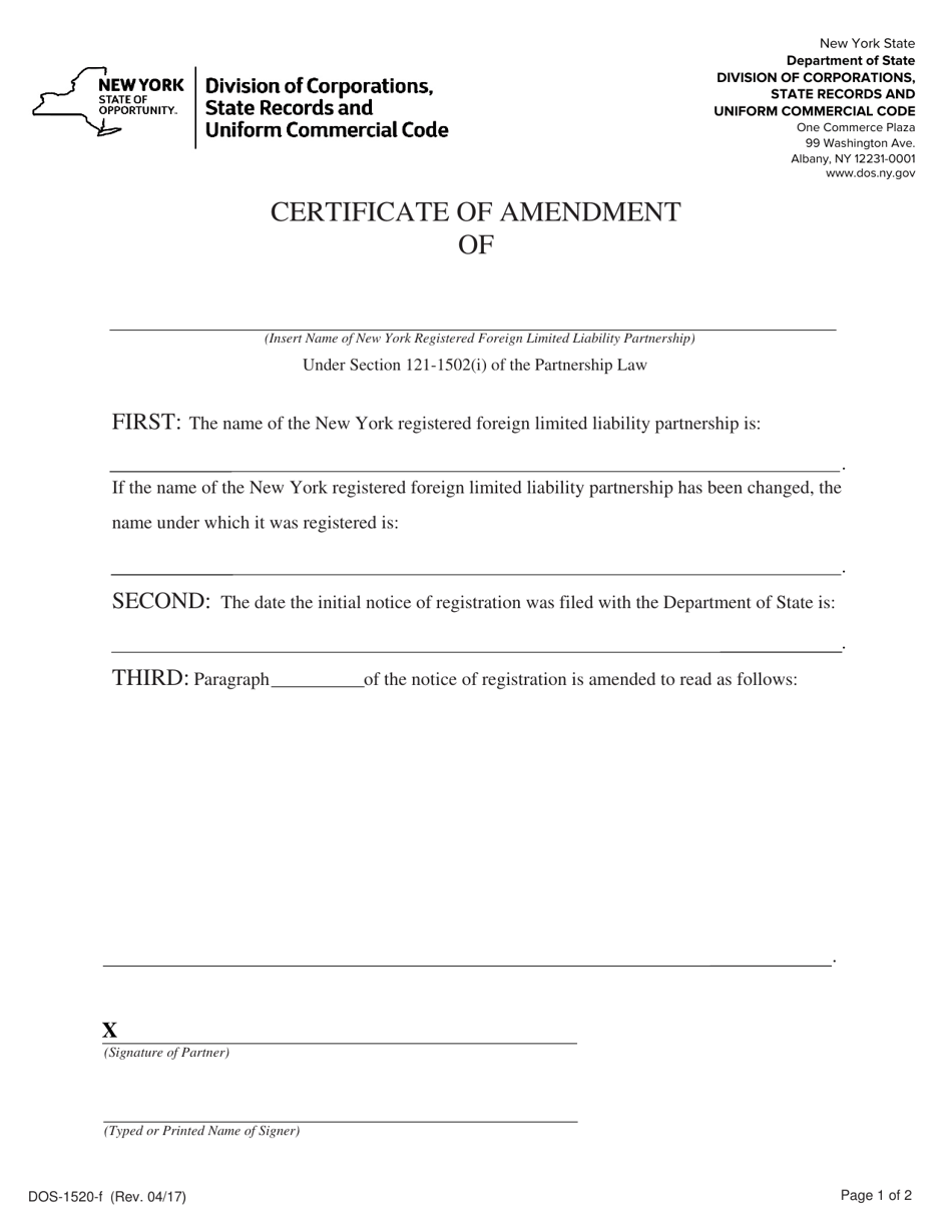 Form DOS-1520-F Certificate of Amendment - New York, Page 1