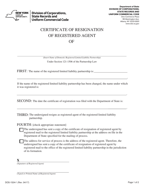 Form DOS-1524-F Certificate of Resignation of Registered Agent - New York