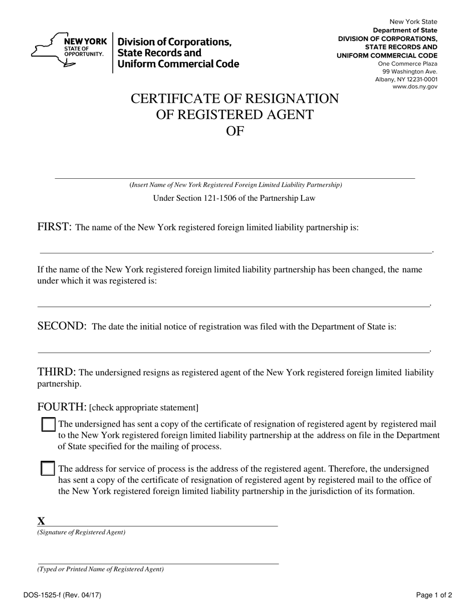 Form DOS-1525-F Certificate of Resignation of Registered Agent - New York, Page 1