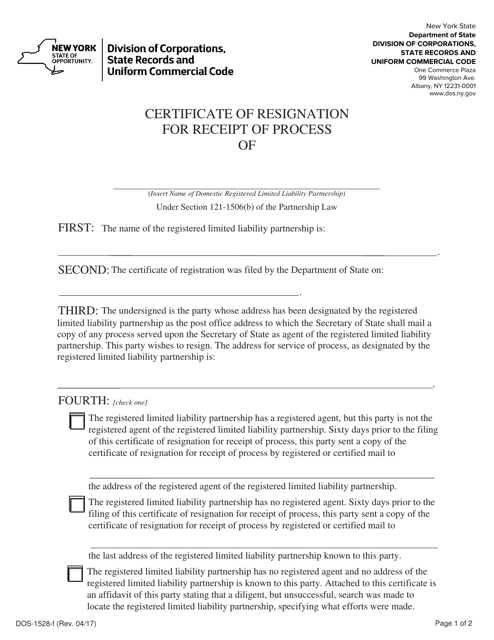 Form DOS-1528-F Certificate of Resignation for Receipt of Process - New York