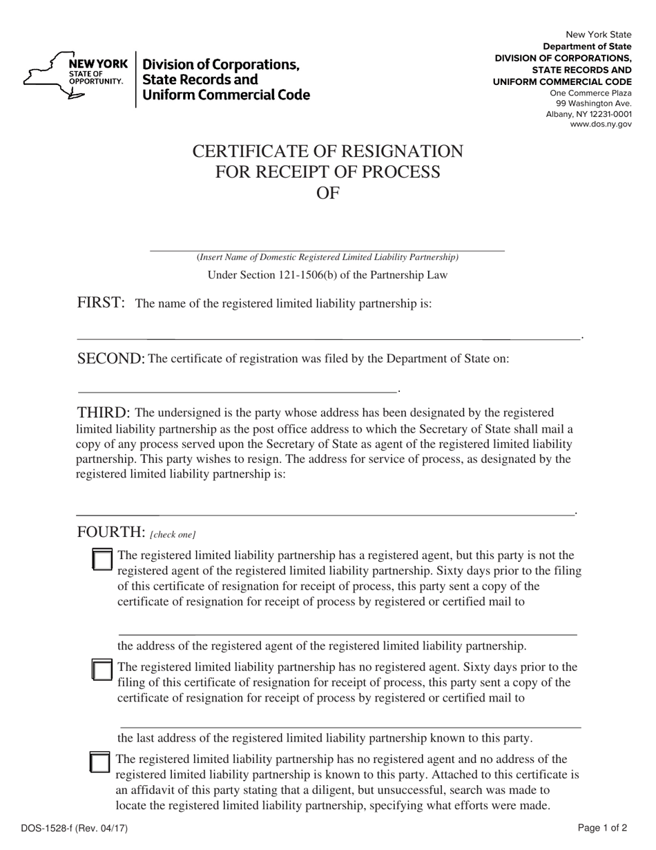 Form DOS-1528-F Certificate of Resignation for Receipt of Process - New York, Page 1