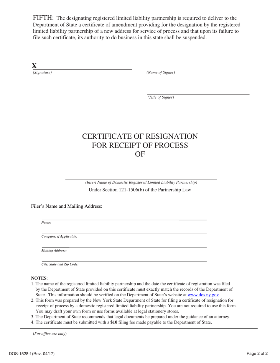 Form DOS-1528-F Certificate of Resignation for Receipt of Process - New York, Page 2