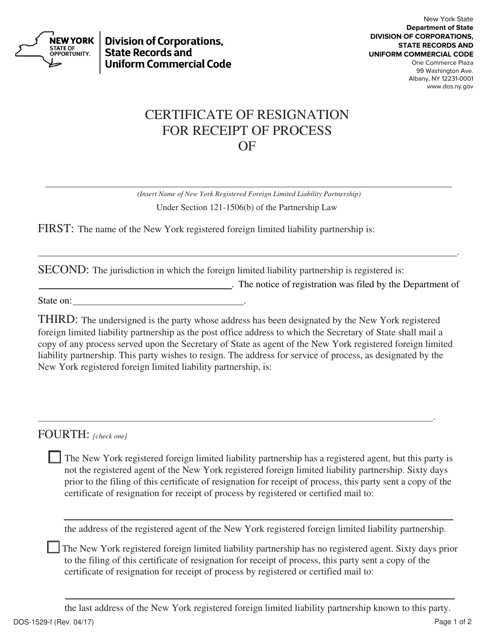 Form DOS-1529-F Certificate of Resignation for Receipt of Process - New York