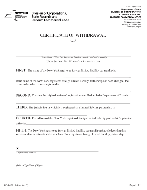 Form DOS-1531-F Certificate of Withdrawal - New York