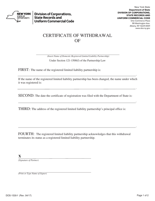 Form DOS-1530-F Certificate of Withdrawal - New York