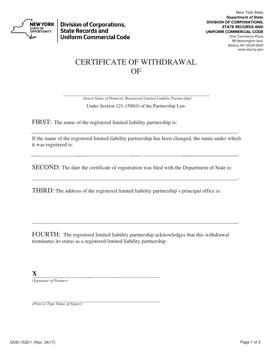 Form DOS-1530-F Certificate of Withdrawal - New York, Page 1