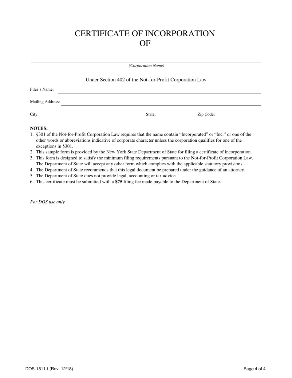 Form DOS-1511-F Certificate of Incorporation - New York, Page 4