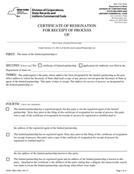 Document preview: Form DOS-1395-F Certificate of Resignation for Receipt of Process - New York