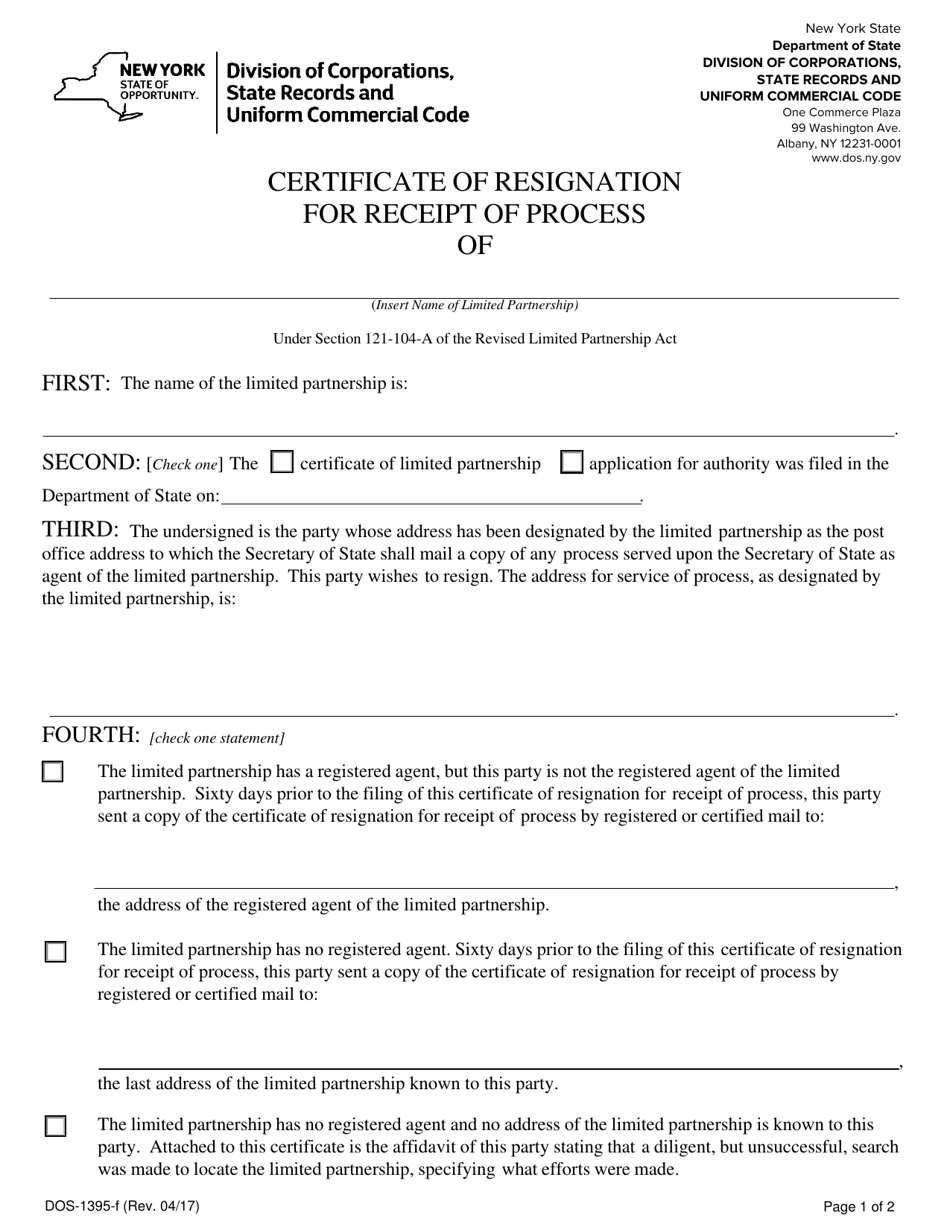 Form DOS-1395-F Certificate of Resignation for Receipt of Process - New York, Page 1