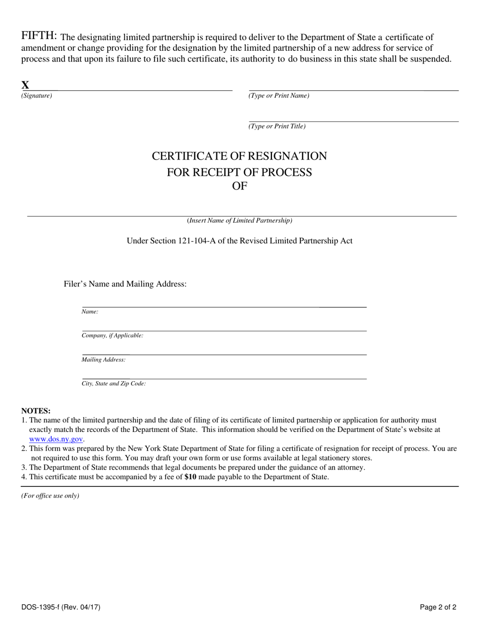 Form DOS-1395-F Certificate of Resignation for Receipt of Process - New York, Page 2