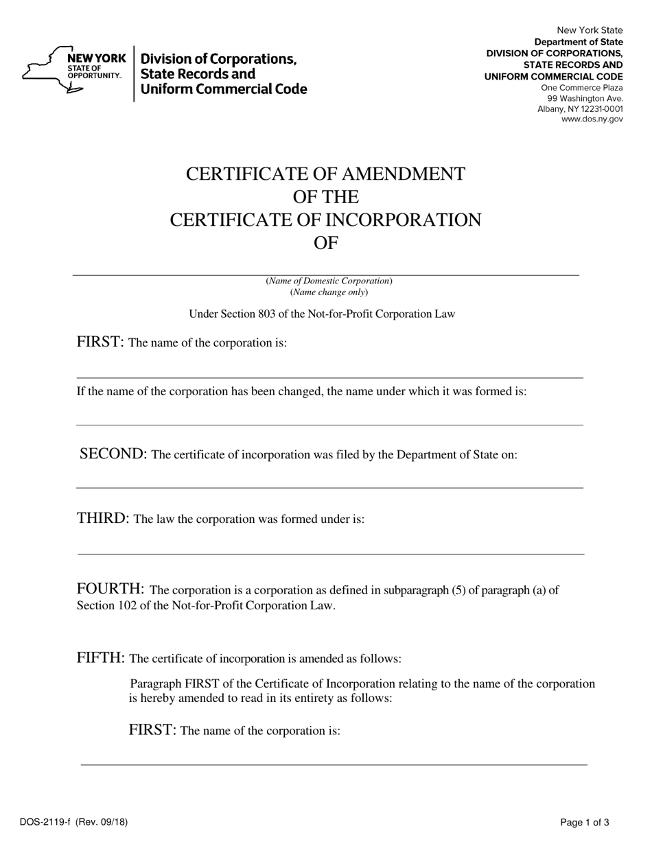 Form DOS-2119-F Certificate of Amendment of the Certificate of Incorporation - New York, Page 1