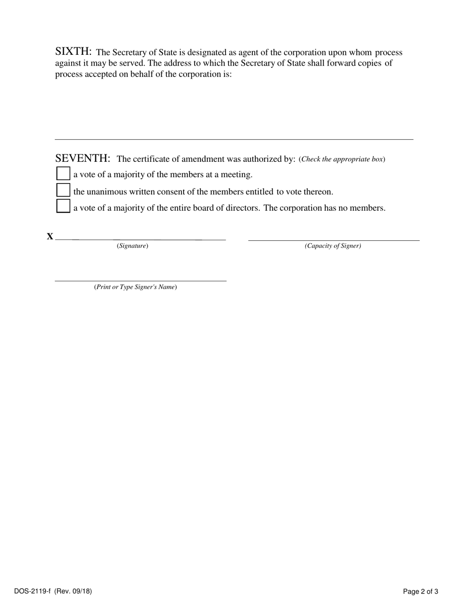 Form DOS-2119-F Certificate of Amendment of the Certificate of Incorporation - New York, Page 2