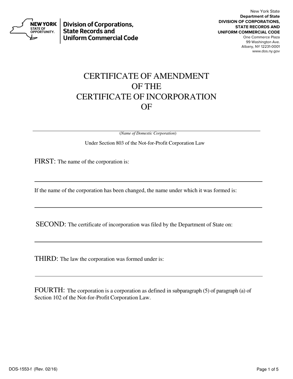Form DOS-1553-F Certificate of Amendment of the Certificate of Incorporation - New York, Page 1