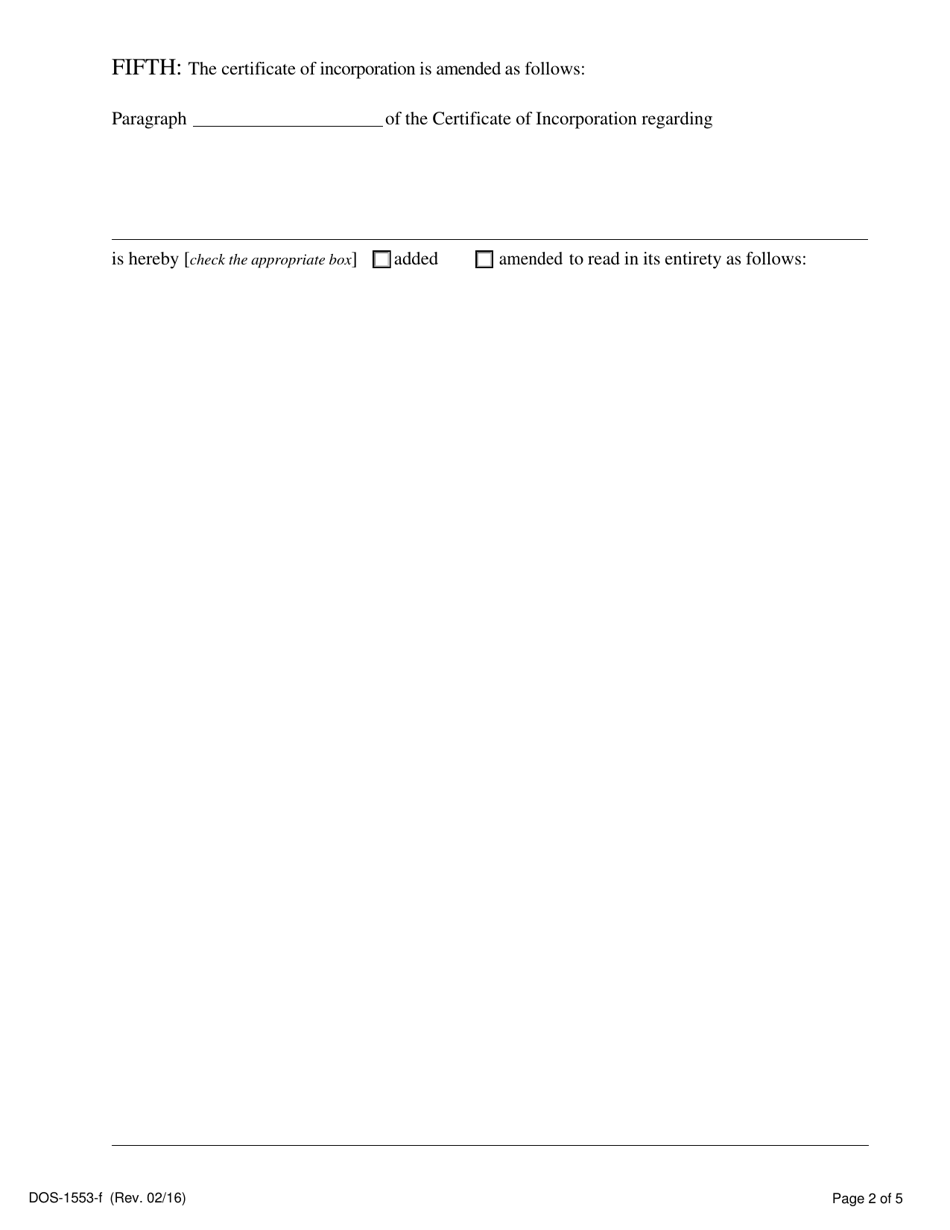 Form DOS-1553-F Certificate of Amendment of the Certificate of Incorporation - New York, Page 2