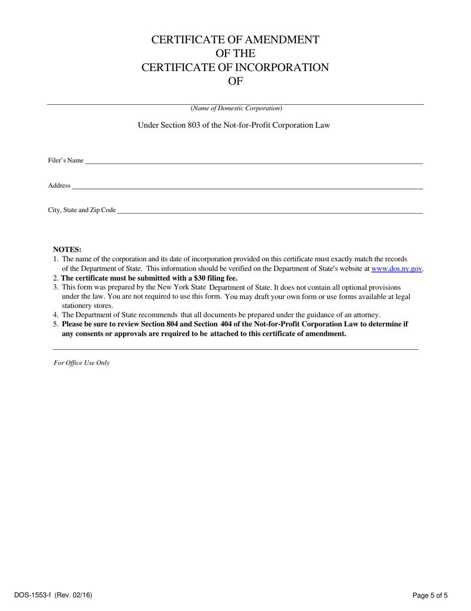 Form DOS-1553-F Certificate of Amendment of the Certificate of Incorporation - New York, Page 5