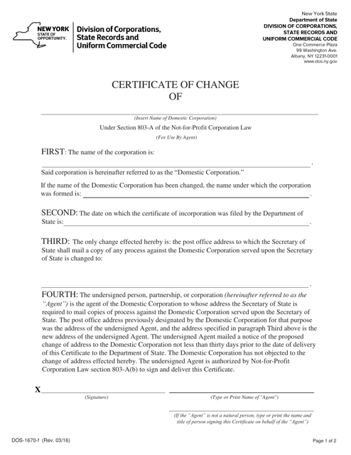 Form DOS-1670-F Certificate of Change - New York