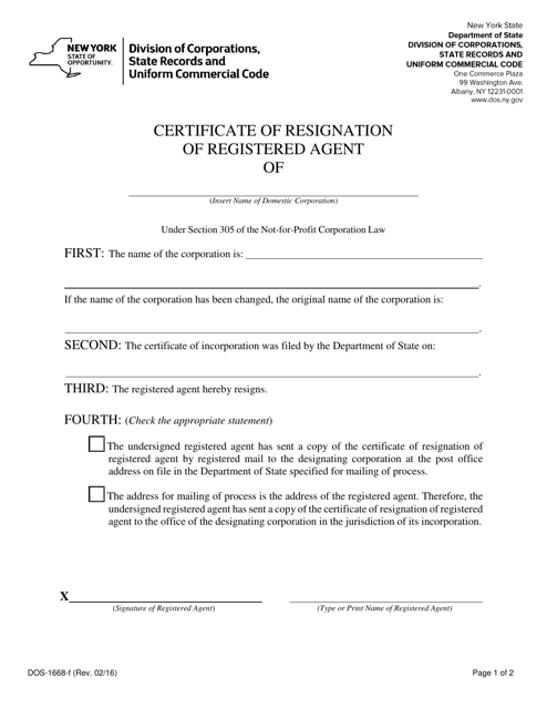 Form DOS-1668-F Certificate of Resignation of Registered Agent - New York