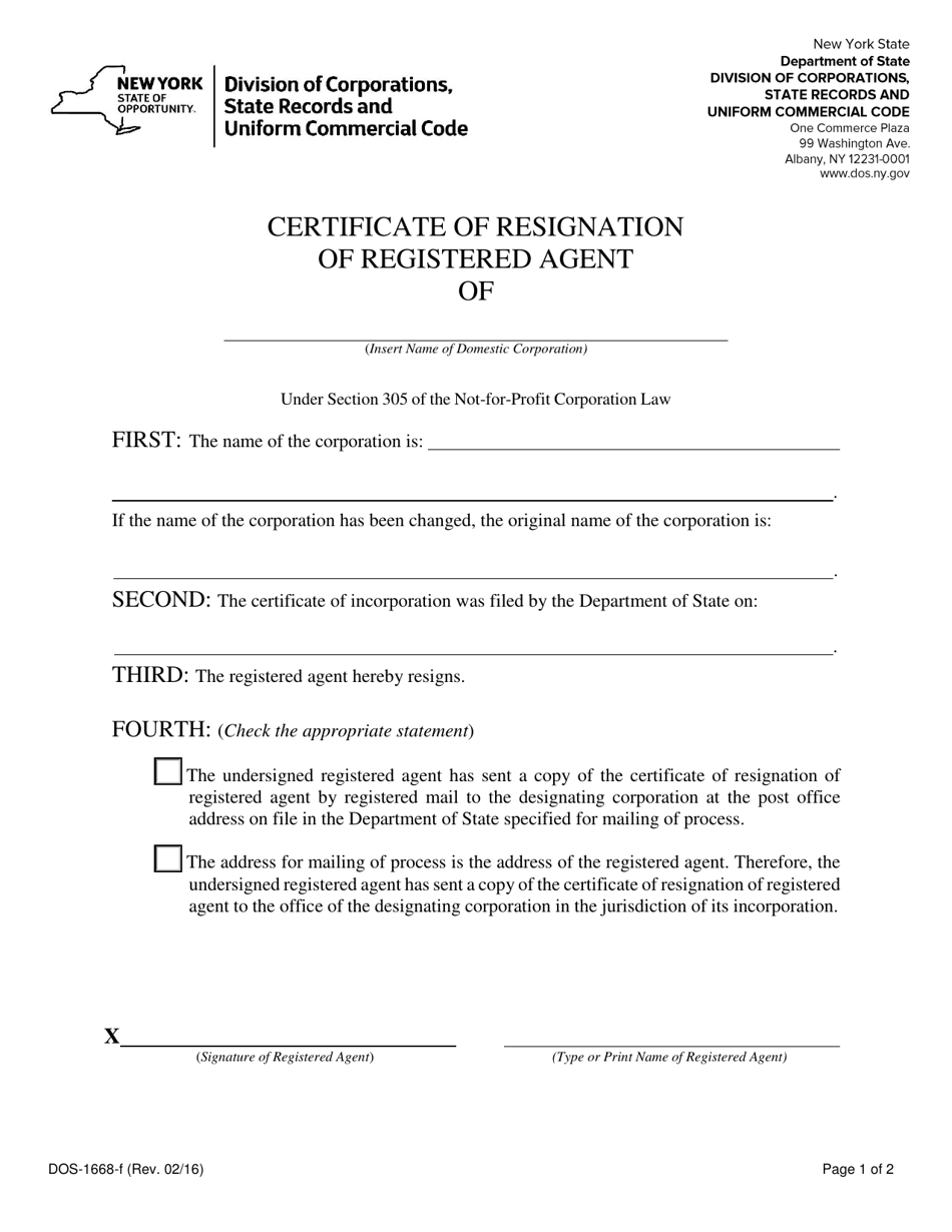 Form DOS-1668-F Certificate of Resignation of Registered Agent - New York, Page 1