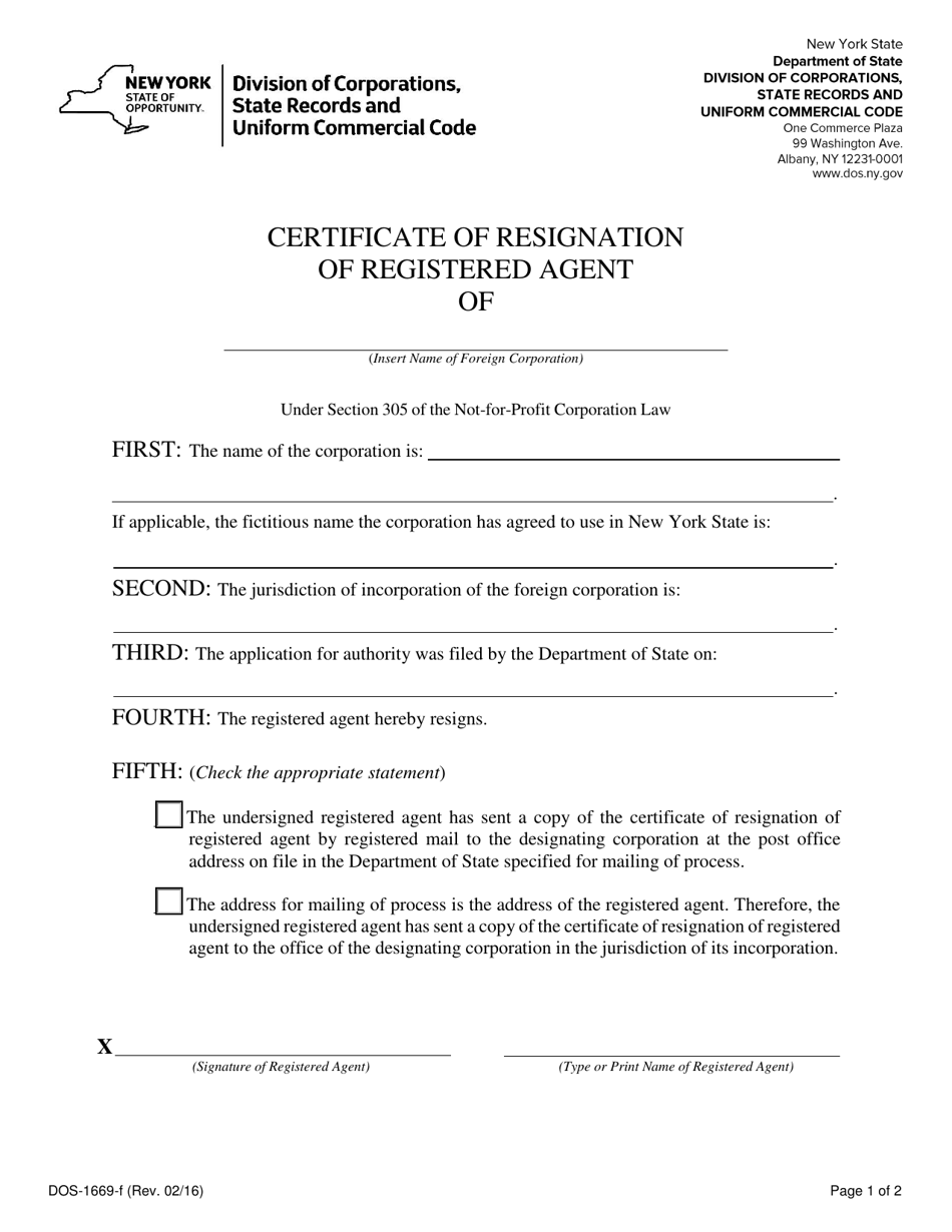 Form DOS-1669-F Certificate of Resignation of Registered Agent - New York, Page 1