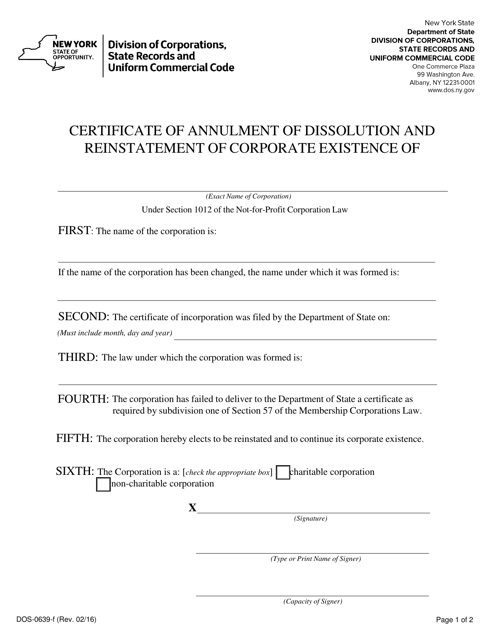 Form DOS-0639-F Certificate of Annulment of Dissolution and Reinstatement of Corporate Existence - New York