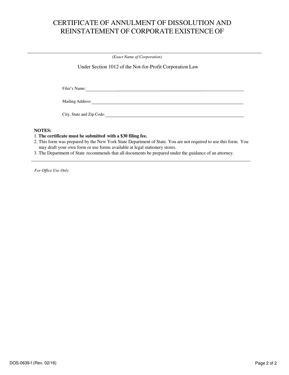 Form DOS-0639-F Certificate of Annulment of Dissolution and Reinstatement of Corporate Existence - New York, Page 2