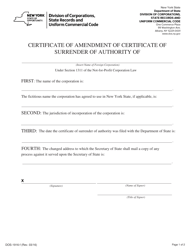 Document preview: Form DOS-1969-F Certificate of Amendment of Certificate of Surrender of Authority - New York