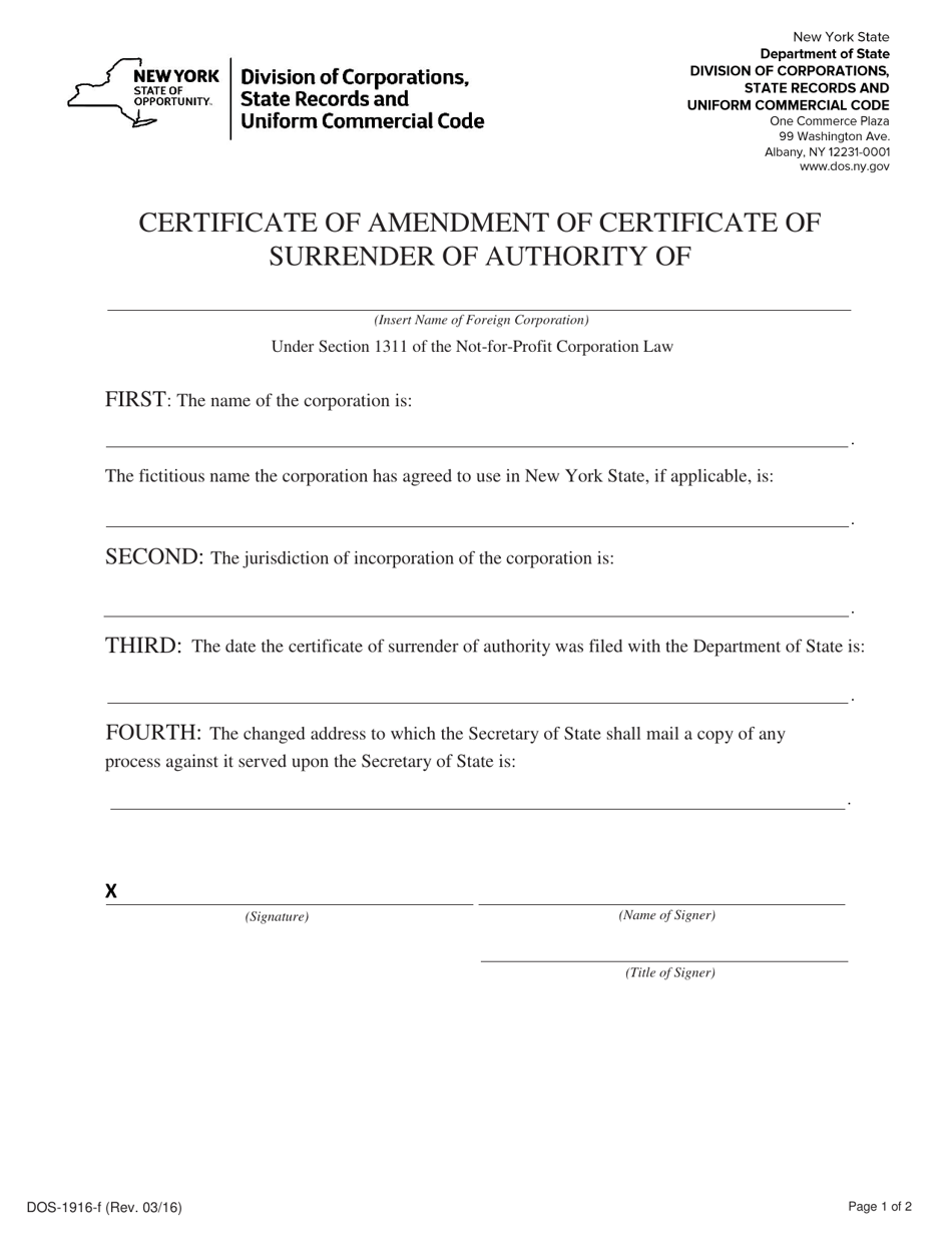 Form DOS-1969-F Certificate of Amendment of Certificate of Surrender of Authority - New York, Page 1