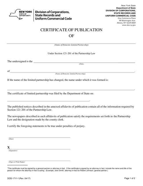 Form DOS-1711-F Certificate of Publication - New York