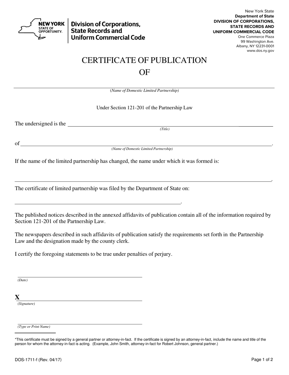 Form DOS-1711-F Certificate of Publication - New York, Page 1