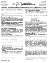 Form DOS-2047-F-A Application for Professional Combative Sport Second/Trainer or Matchmaker License - New York