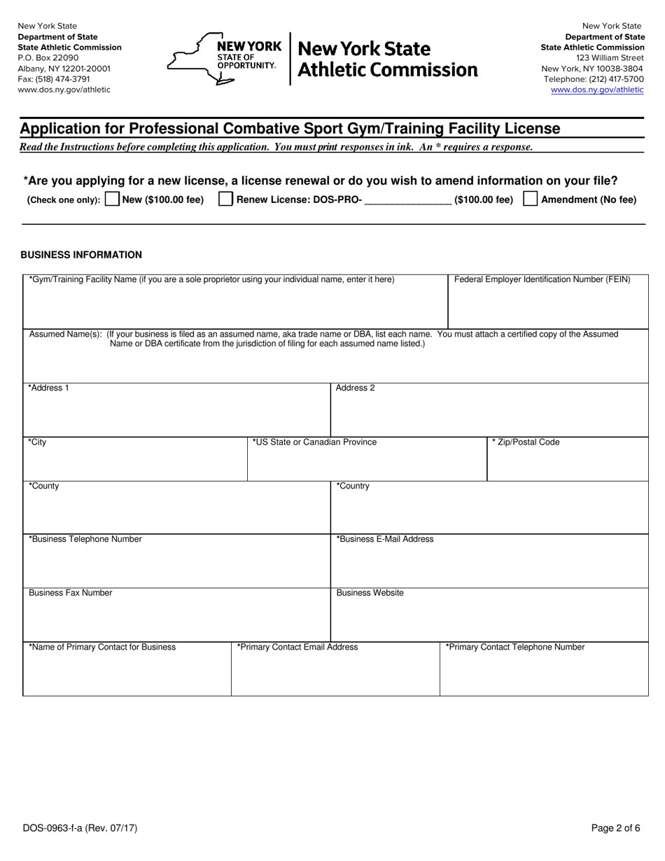 Form DOS-0963-F-A Application for Professional Combative Sport Gym / Training Facility License - New York, Page 2