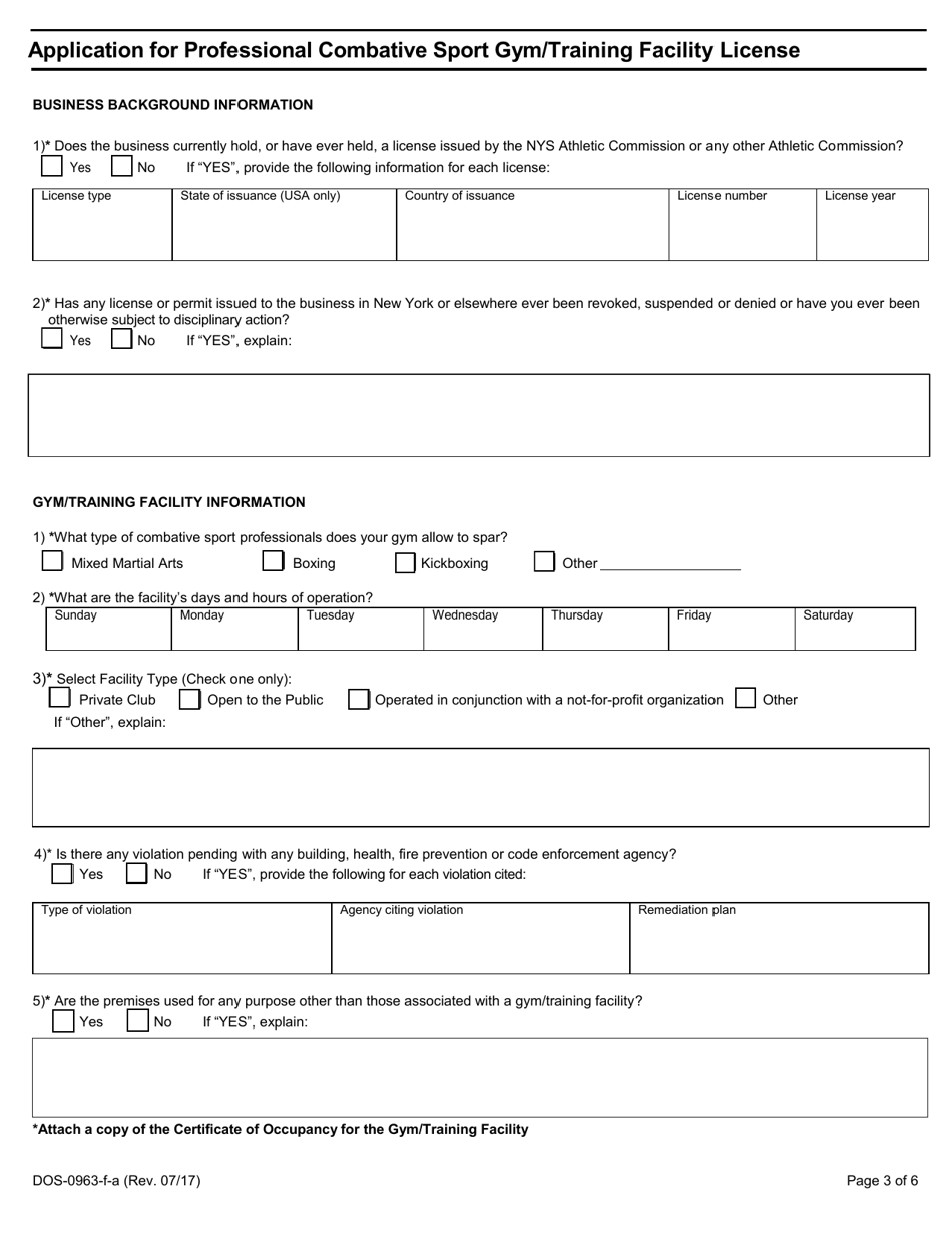 Form DOS-0963-F-A Application for Professional Combative Sport Gym / Training Facility License - New York, Page 3