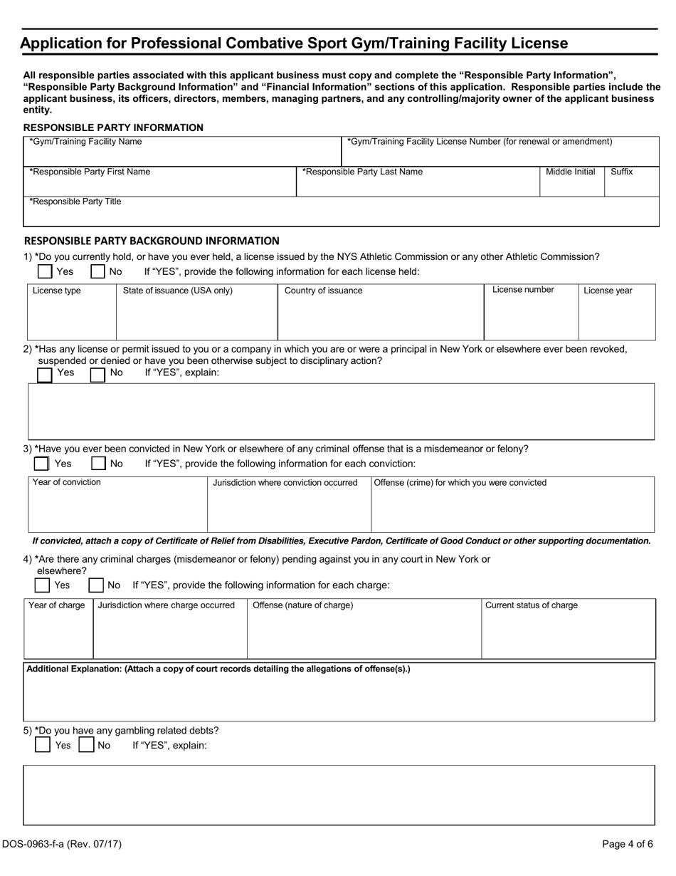 Form DOS-0963-F-A Application for Professional Combative Sport Gym / Training Facility License - New York, Page 4