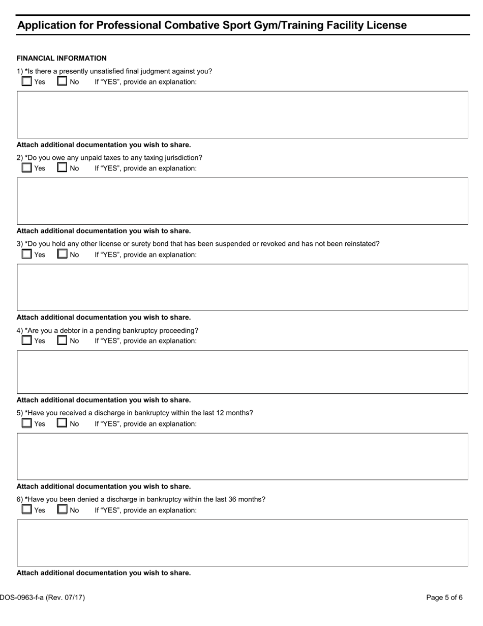 Form DOS-0963-F-A Application for Professional Combative Sport Gym / Training Facility License - New York, Page 5