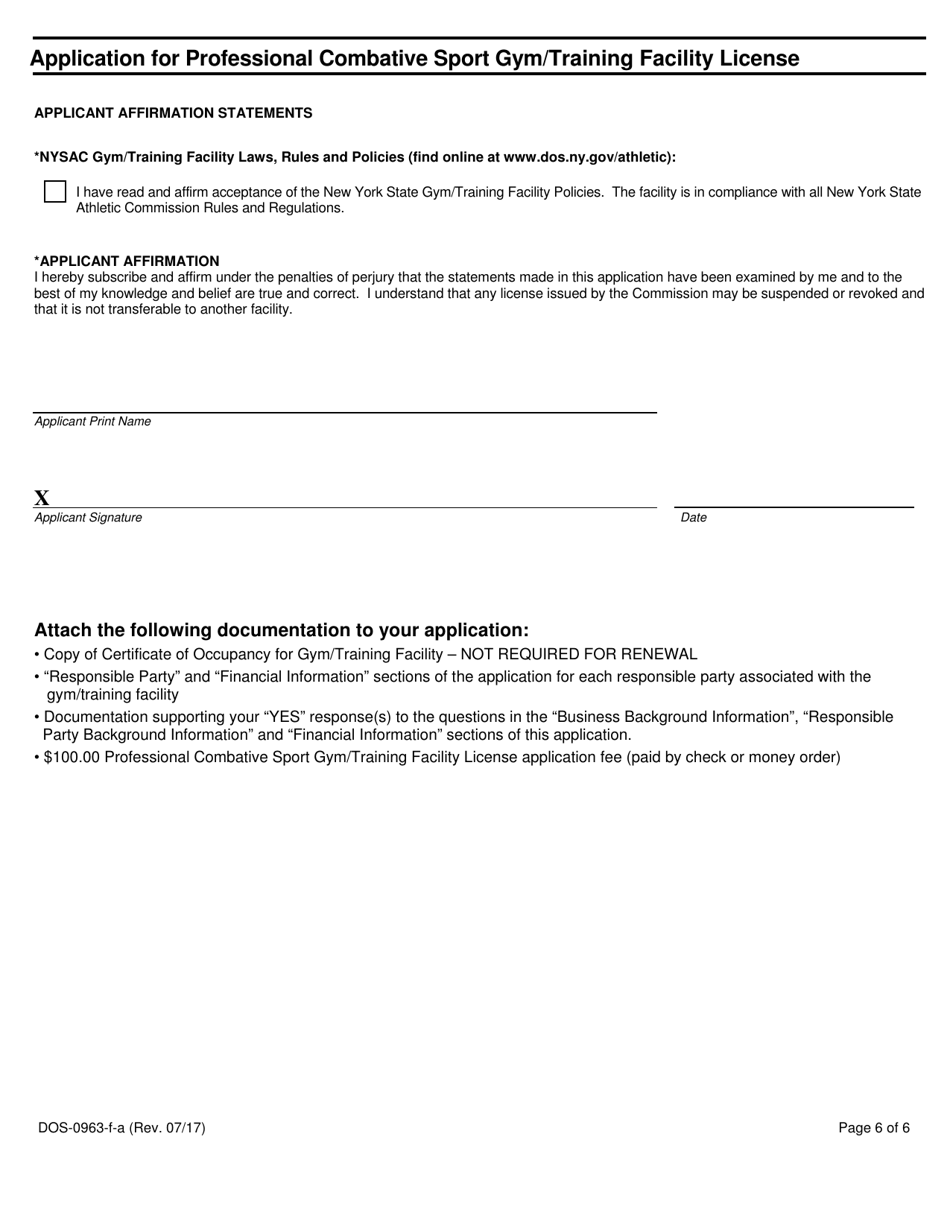 Form DOS-0963-F-A Application for Professional Combative Sport Gym / Training Facility License - New York, Page 6