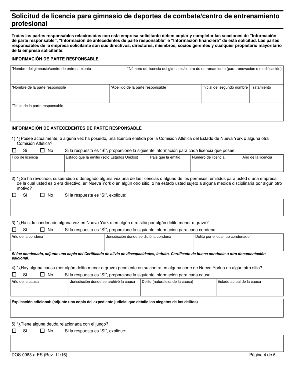 Formulario DOS-0963-A-ES Solicitud De Licencia Para Gimnasio De Deportes De Combate / Centro De Entrenamiento Profesional - New York (Spanish), Page 4