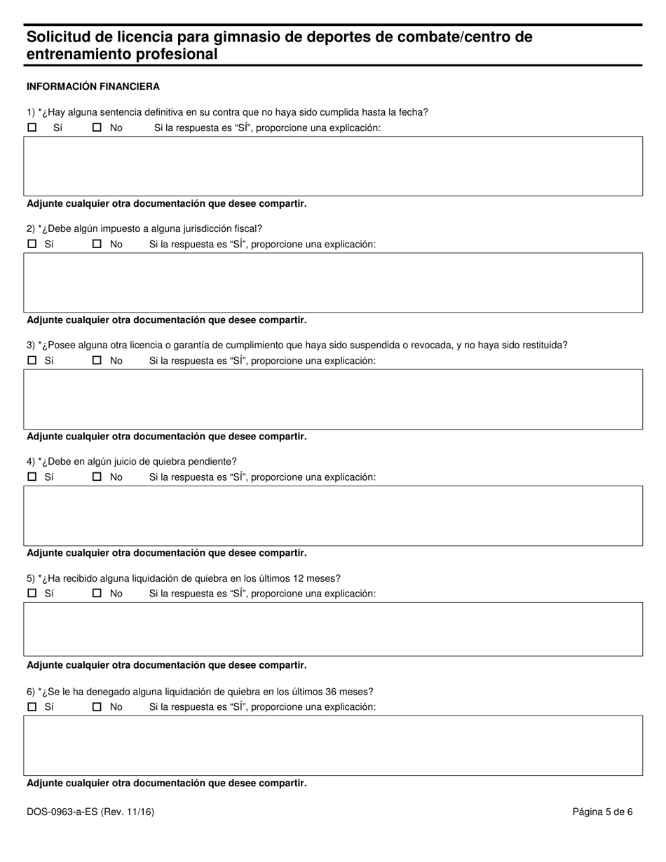 Formulario DOS-0963-A-ES Solicitud De Licencia Para Gimnasio De Deportes De Combate / Centro De Entrenamiento Profesional - New York (Spanish), Page 5