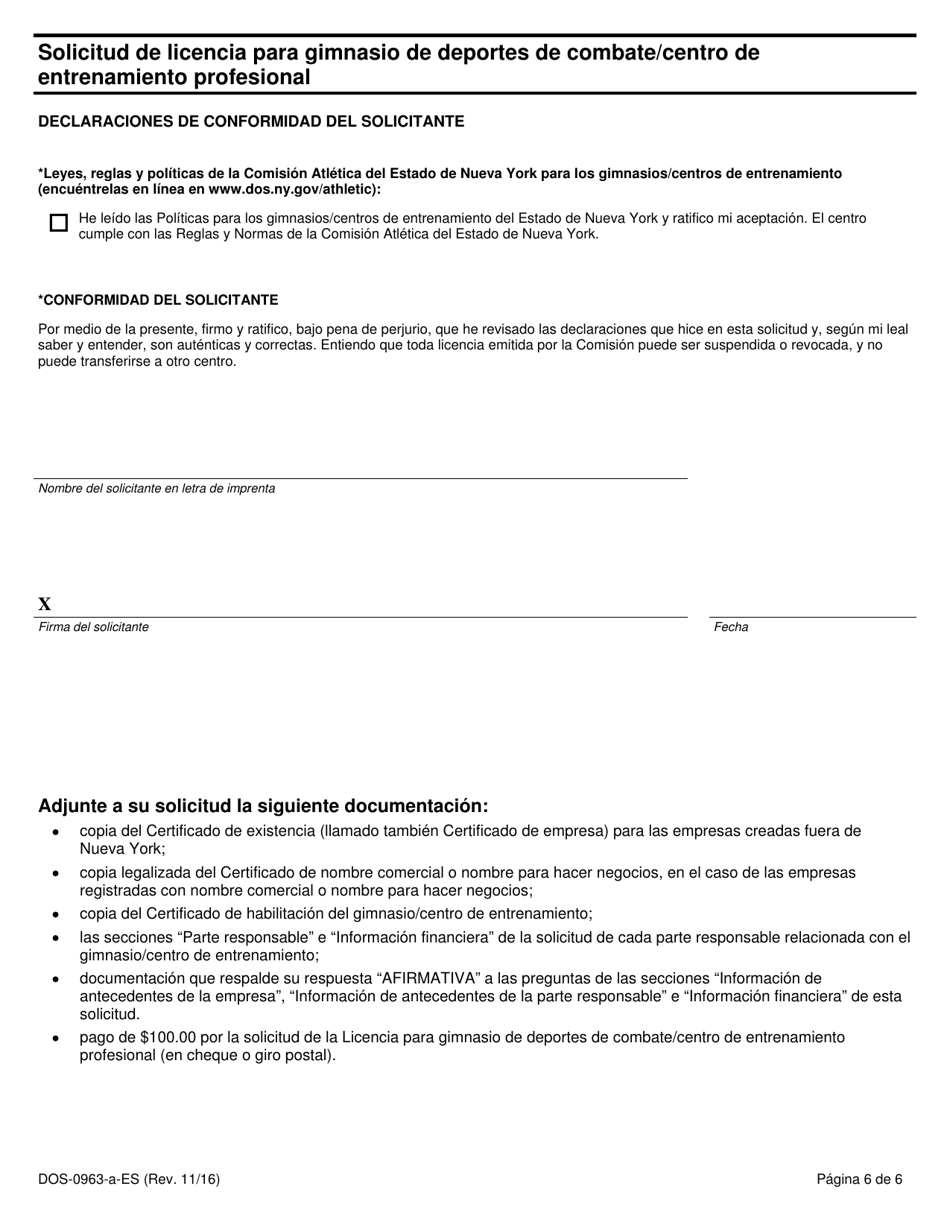 Formulario DOS-0963-A-ES Solicitud De Licencia Para Gimnasio De Deportes De Combate / Centro De Entrenamiento Profesional - New York (Spanish), Page 6