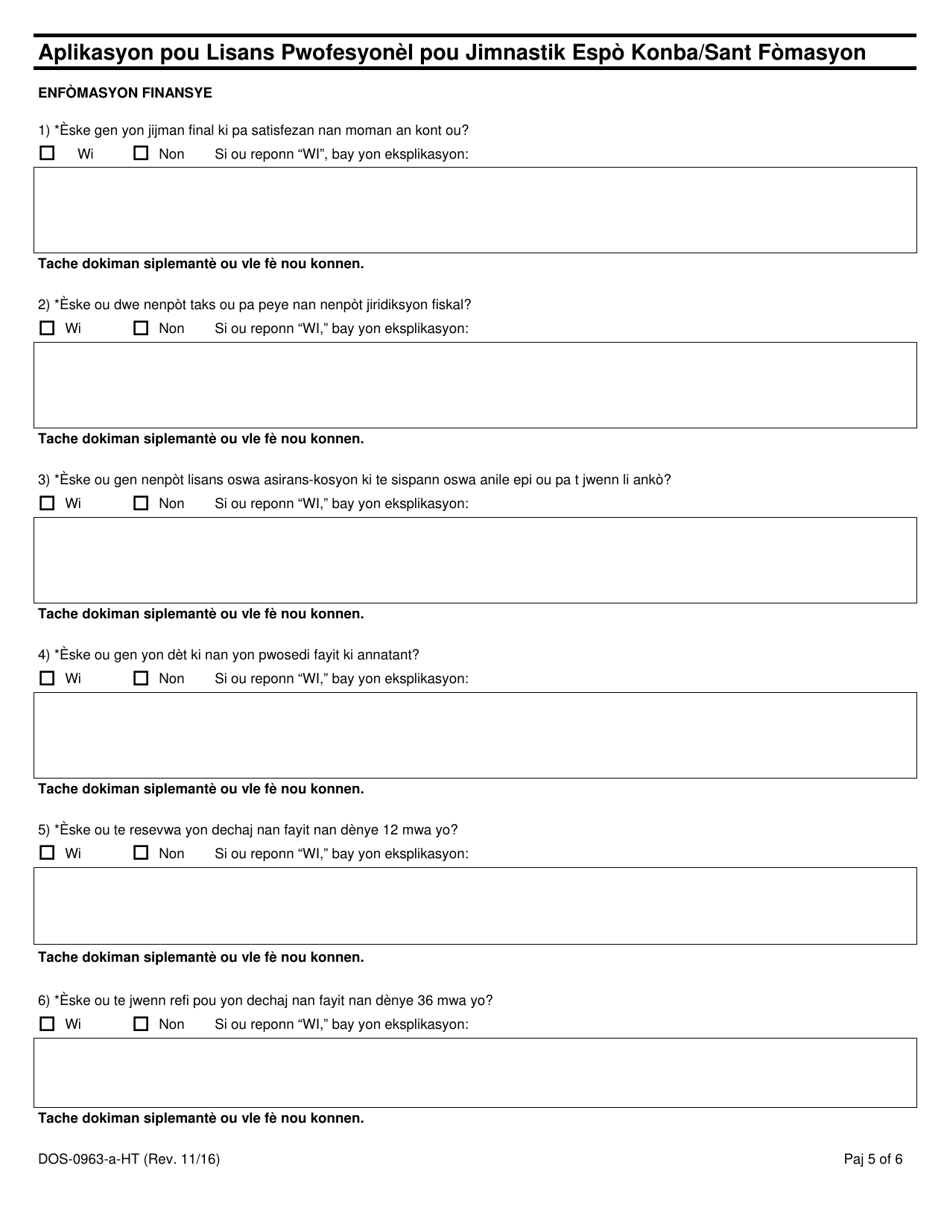 Form DOS-0963-A-HT Application for Professional Combative Sport Gym / Training Facility License - New York (Haitian Creole), Page 5