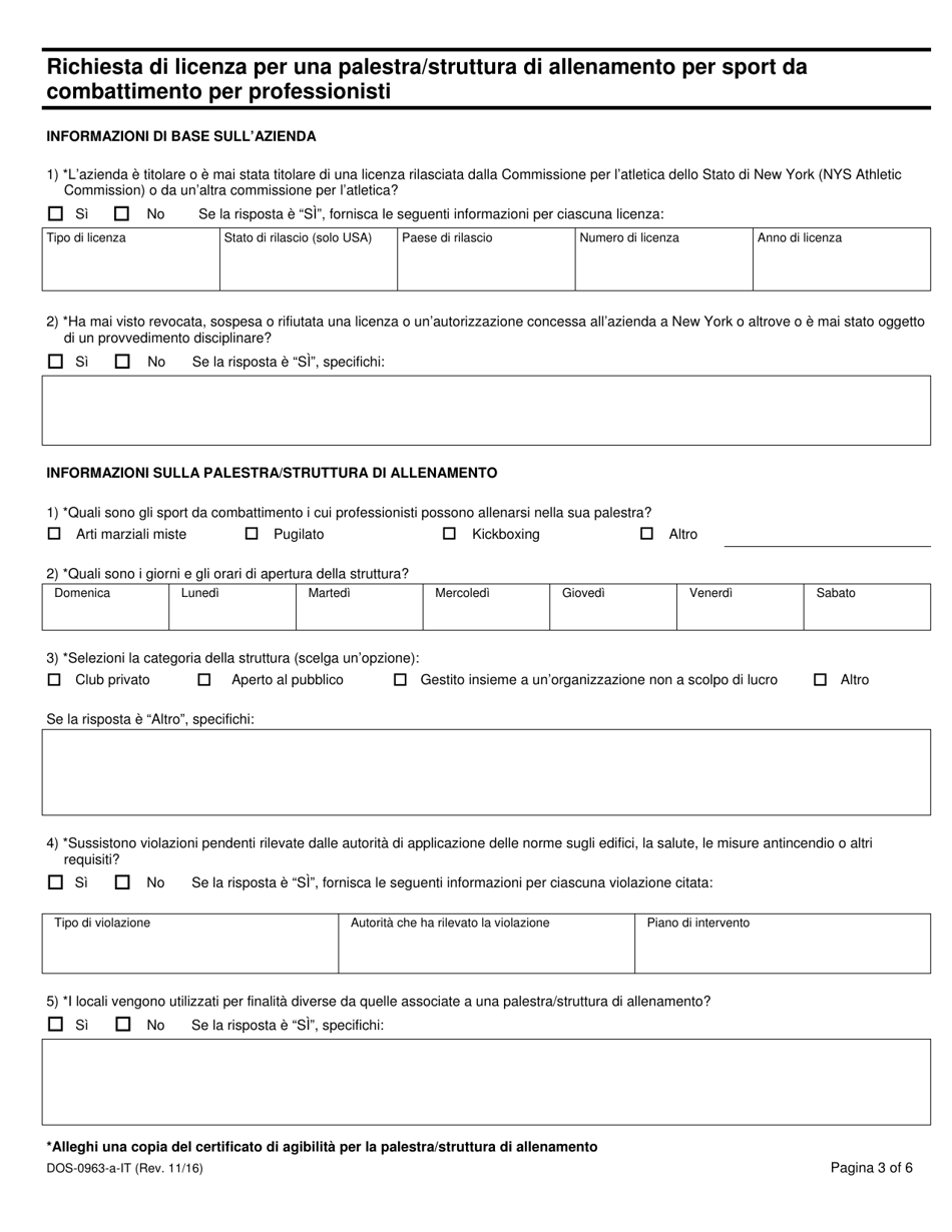 Form DOS-0963-A-IT Application for Professional Combative Sport Gym / Training Facility License - New York (Italian), Page 3