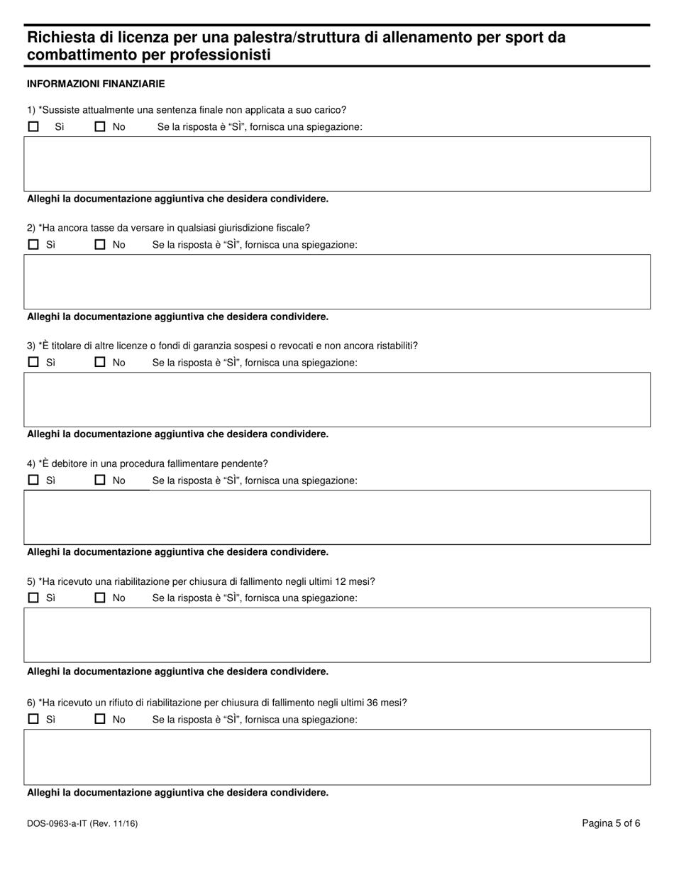 Form DOS-0963-A-IT Application for Professional Combative Sport Gym / Training Facility License - New York (Italian), Page 5