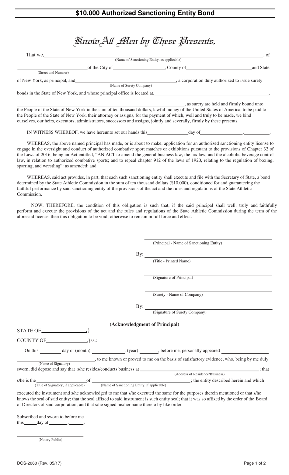Form DOS-2060 $10,000 Authorized Sanctioning Entity Bond - New York, Page 1
