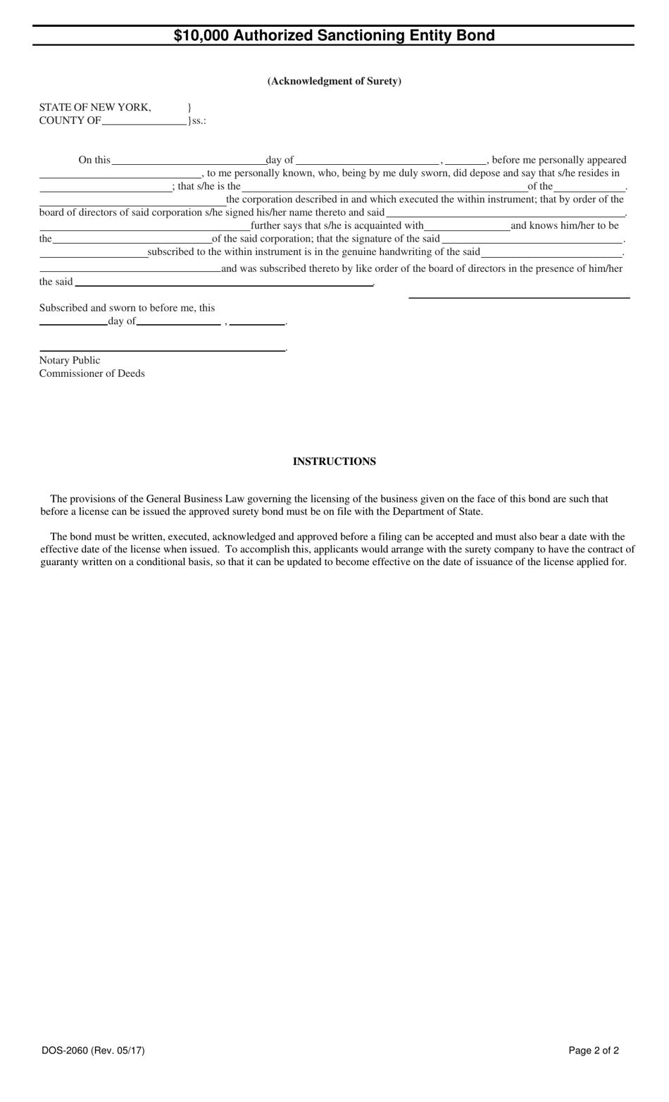 Form DOS-2060 $10,000 Authorized Sanctioning Entity Bond - New York, Page 2