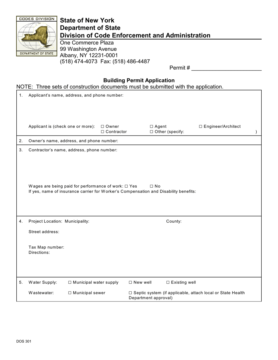Form DOS301 Building Permit Application - New York, Page 1