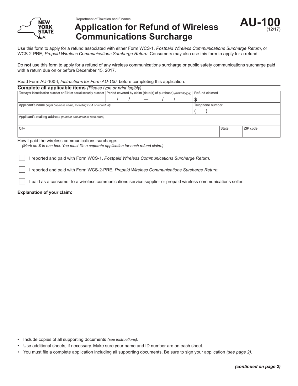 Form AU-100 Application for Refund of Wireless Communications Surcharge - New York, Page 1