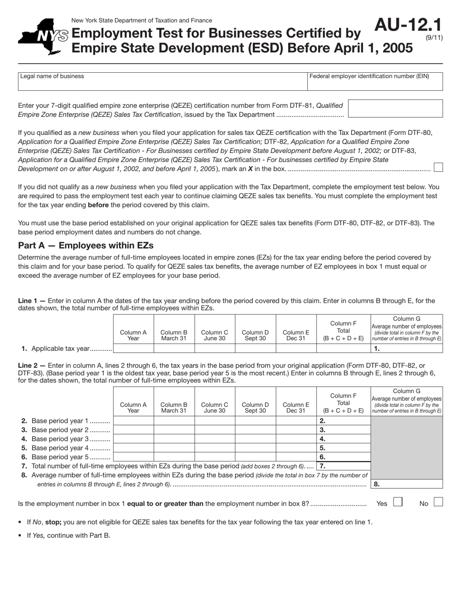 Form AU-12.1 Employment Test for Businesses Certified by Empire State Development (Esd) Before April 1, 2005 - New York, Page 1